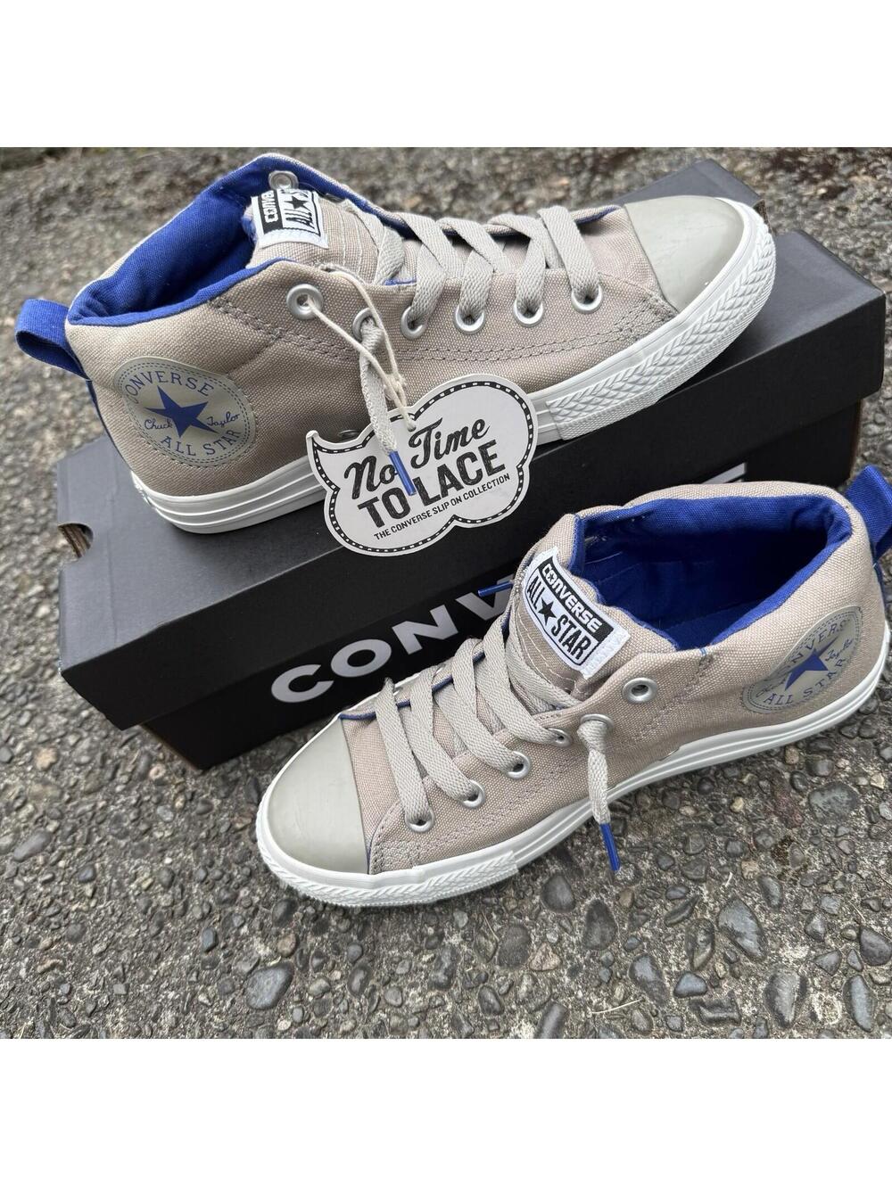 NWT Converse Boys Size 5 No Time To Lace Slip-On Tan Blue Mid Top Sneakers
